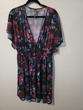 torrid Black Floral V-Neck Dress with Pink and Blue Blooms
